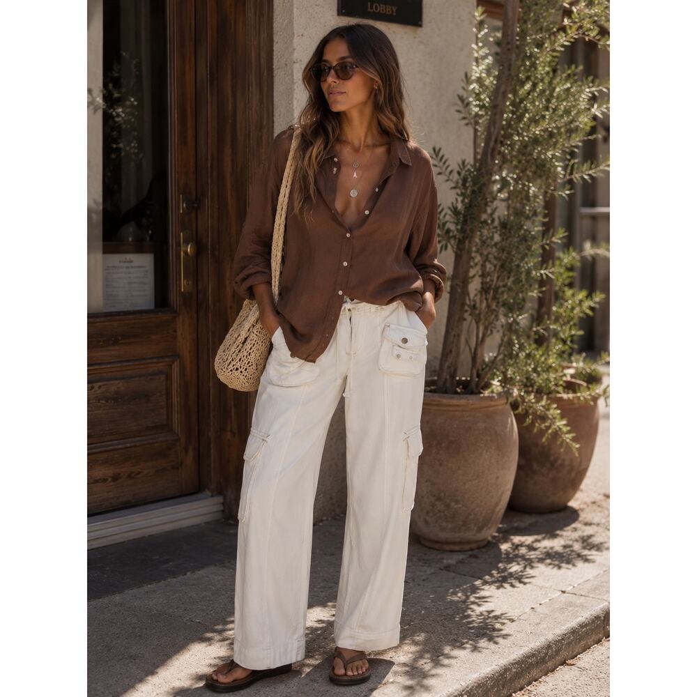 Free People Tahiti Pull On Cargo Pants Tofu White Utility Boho Medium - Picture 12 of 12